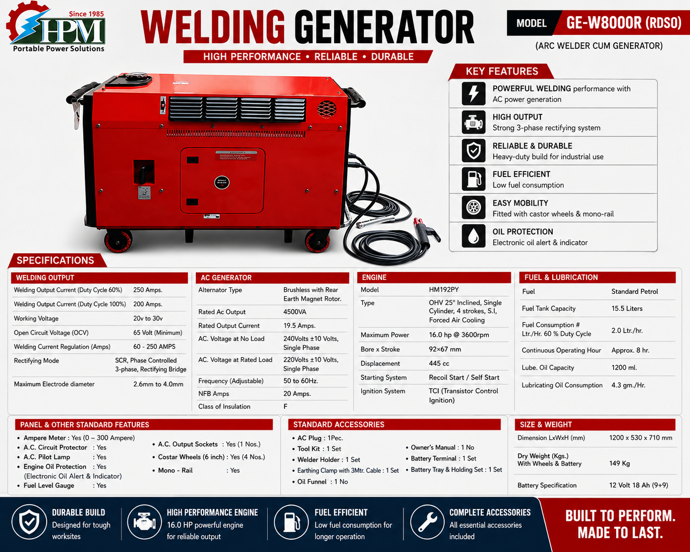 250 Amps - 6 KW, Smart Petrol Welding Generator, Recoil & Self Start Model Silent GE-W8000RS